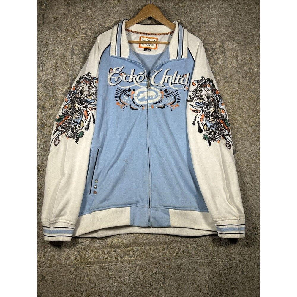Vintage Ecko Unltd Y2K Track Jacket XXL Blue White Tattoo Graphic Rhino Zip Up